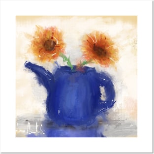 An Artistic Painting of a Blue Watering Can with 2 Orange Flowers Posters and Art